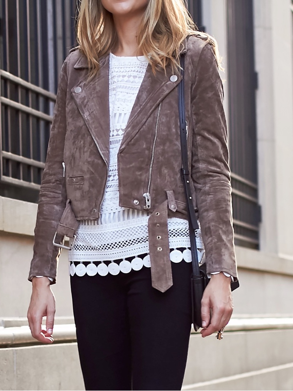 Blank NYC Suede Leather Jacket, Lixury Cropped Moto Style in Washed Brown Large